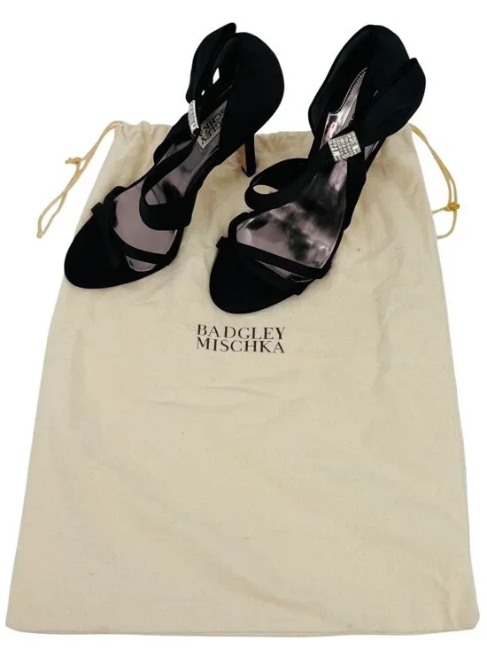 Badgley Mischka Black Satin Rhinestone Bow Heels 6 | dOrsay Formal Evening Shoes - Picture 10 of 16